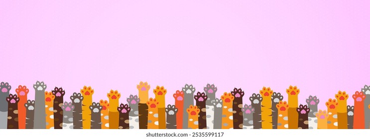 cat paws with different color or cat types with nails, fur in line with pink dotted background banner template for cat lovers, events, covers, posters, flyers