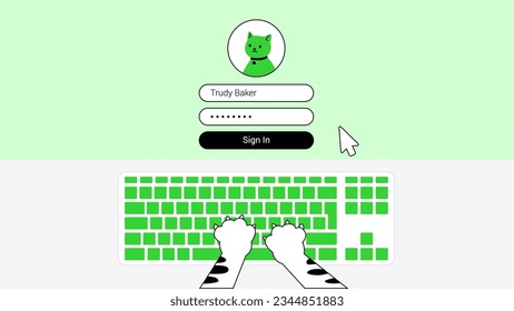 Cat paws entering password on laptop or pc keyboard. Website password form with cat avatar. Registration or sign up user interface. Vector illustration for web or app design.