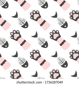 Cat paws and fish skeleton pattern. Vector Cute Cartoon Pattern. 