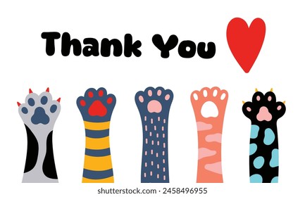 Сolored cat paws and fish.Vector illustration. Thank you. Cute poster.