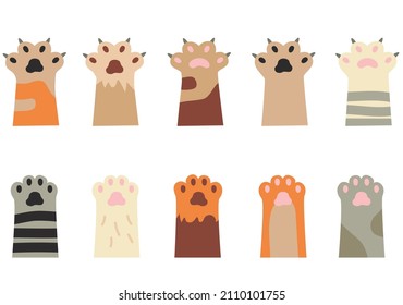 Cat paws flat icon collection. Cartoon cute kitten footprint silhouettes vector illustration set. Animals and pets concept