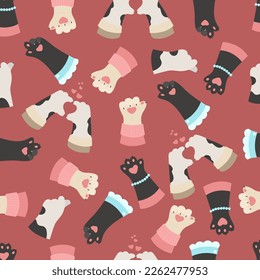 Cat paws and gestures seamless pattern. Vector background of animal paws in flat style.