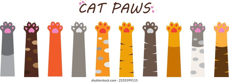 cat paws in orange, grey, brown, white with natural cat colors with claws, without claws template with editable stroke and fill 