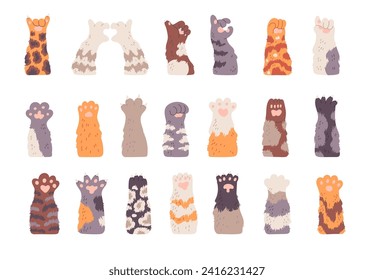Cat paws and palms set. Funny animal hands gestures. Hand drawn isolated vector illustration.