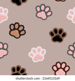 Cat paws pattern for textile fabrics. Seamless pattern vector illustration. Childish cute background, paw texture. Furry kitten paws set. Furry paw pet animal. Kitten cartoon flat icon in doodle style