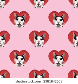 Cat with paws pattern, Valentine's day pink hearts wallpaper. Love heart with pet head holiday texture. Kitten face Holding Heart Cartoon square background. St Valentine's day present. Seasonal design