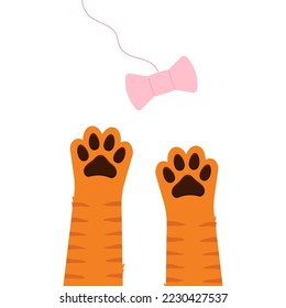 Cat paws playing with a bow flat vector illustration