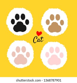 Cat paws print flat icon isolated on yellow background, cartoon style, cute animal footprints vector illustration.