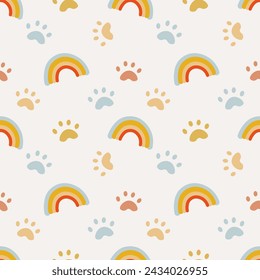 Cat Paws print and rainbow vector ilustration seamless patern.Great for textile,fabric,wrapping paper,and any print.