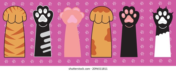 Cat Paws Row, Collection of Various Cute Kitten Legs, Domestic Animal Foot Isolated on pink Background. Different Funny Pet Paws with Claws, Graphic Design Elements. Cartoon Vector Illustration.