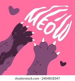 Cat paws scratch with claws word meow. Scribbled text funny card. Hand drawn vector illustration design on bright background.