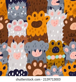 Cat paws seamless pattern. Cute print with kittens legs. Different colors and breeds. Spotted or striped feline feet with claws. Kitties shaggy limbs. Cartoon extremity