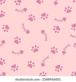 Cat paws seamless pattern in pink with fish bone. Animal footprint vector design. Can be used for wallpaper, card, print and paper wrapping