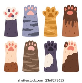 Cat Paws Set, Collection of Various Cute Kitten Legs, Domestic Animal Foot Isolated on White Background. Different Funny Pet Paws with Claws, Graphic Design Elements. Cartoon Vector Illustration