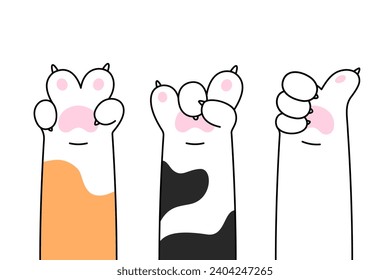 Cat paws showing peace, victory, rock, cool signs, gestures. Comic, cartoon style illustrations, vector doodle drawing