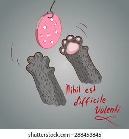 Cat paws trying to grab a piece of sausage. Nothing is impossible  for one who wants it  - inscription in latin. 