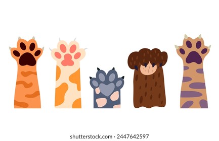 Cat paws in various colors, vector illustration Collection of cute cartoon paws of cats.