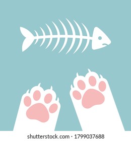 Cat paws want to take fish bone,
fishbone skeleton. Flat cartoon style vector illustration