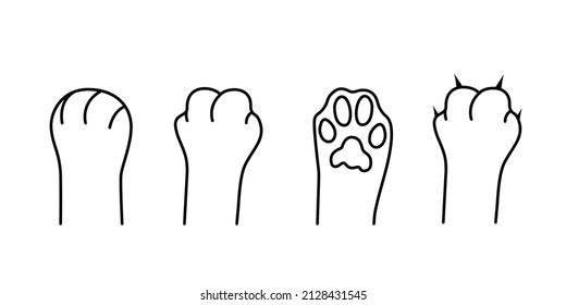 Cat paws. Paws with and without sharp claws. Cute kitten scratches. Home pet. Black outline. Set of vector line icons isolated on white background.