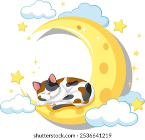 A cat peacefully sleeps on a crescent moon