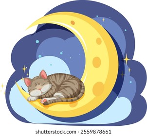 A cat peacefully sleeps on a crescent moon