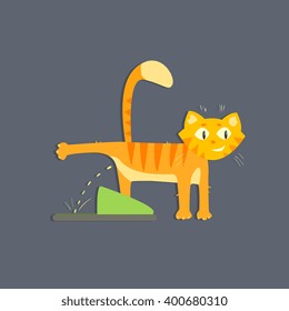 Cat Peeing Funny Flat Vector Illustration In Creative Applique Style 