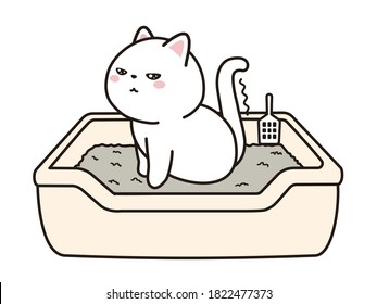 El gato orinando en la caja de basura.