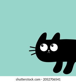 Cat peeking around the corner. Black silhouette. Kitten head face looking up. Cute kawaii cartoon baby pet. Happy Halloween. Greeting card print. Flat design. Blue background. Vector illustration