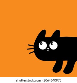 Cat peeking around the corner. Black kitten head face looking up. Happy Halloween. Cute kawaii cartoon baby pet. Greeting card print. Flat design. Orange background. Isolated. Vector illustration