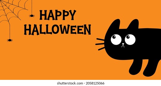 Cat peeking around the corner. Cute kawaii cartoon baby pet. Bones text font. Spider web. Black kitten head face looking up. Happy Halloween. Greeting card print. Flat design. Orange background Vector