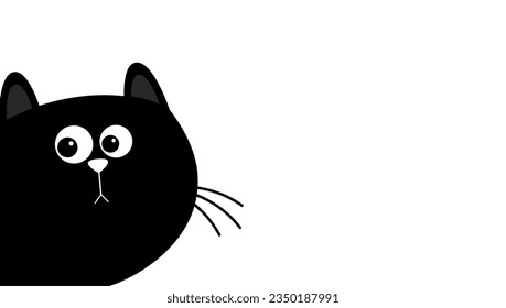 Cat peeking out from around the corner. Black kitten face head. Cute kawaii pet animal. Cartoon character. Ear, nose. Notebook cover, tshirt, greeting card print. Flat design. White background. Vector