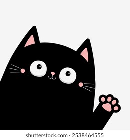 Cat peeking out from around the corner. Waving hand. Pink paw print. Black kitten face. Cute kawaii pet animal. Cartoon character. Sticker, greeting card print. Flat design. White background Vector