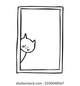 cat peeking out from behind vertical frame doodle - hand drawn line art