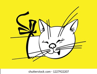 cat peeking out of the corner on a yellow background