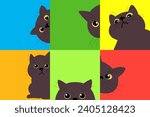 Cat peeking out of corner set vector. Collection funny Cats Hiding. Cat Hide and Seek.