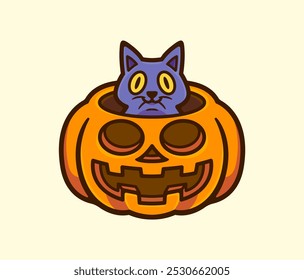 Cat Peeking Out from a Jack-O'-Lantern Pumpkin Cartoon Vector Illustration Halloween Icon Design