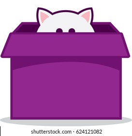 Cat peeking out of purple box
