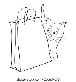Cat peeking. Cat with a paper bag. Vector.
