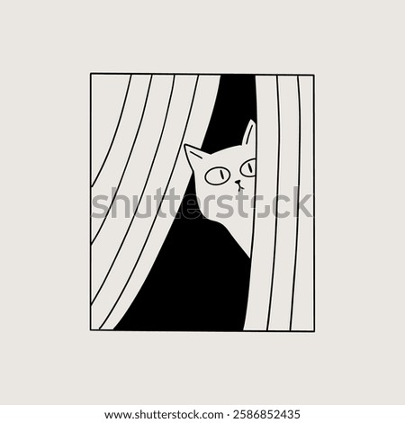 Cat Peeking Through Curtains, funny minimalistic illustration