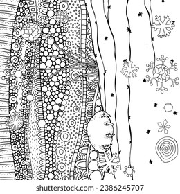 A cat peeks out from behind the curtain. Cat's paw. Snowflakes, Winter, Christmas, New Year. Pattern for coloring book