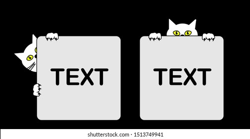 cat peeks out from behind a sign