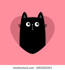 Cat peeks out of a heart hole. Happy Valentines day. Kitten in heart. Black kitty kitten silhouette. Cute cartoon kawaii funny baby character. Sad face. Pink background. Flat design. Isolated. Vector