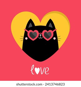 Cat peeks out of a heart hole. Kitten kitty in heart. Love card. Happy Valentines day. Heart shape sunglasses, hearts glass. Cute cartoon kawaii funny character. Red background. Flat design. Vector