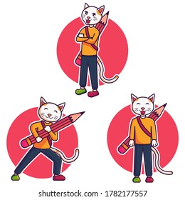 Ilustración de mascota del vector del gato con lápiz