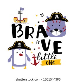 cat and penguin the brave little one funny animal cartoon,vector illustration