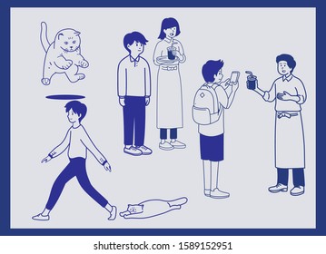Cat, People character in Cafe and drinks with minimal drawing which is used line style - Vector