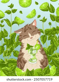 Cat, peppermint, limes, mojito cocktail greeting card. Vector postcard with cute cartoon cat drinking mocktail. Leafy background. Falling fruits. Print design. Uncut elements. Clipping mask.