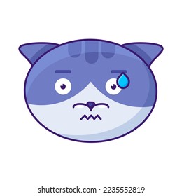Cat perspirable expression funny emoji vector. Kitty domestic animal nervous face with scared eyes and sweat. Hard work or scare kitten smile emotion. Emoticon stress flat cartoon illustration