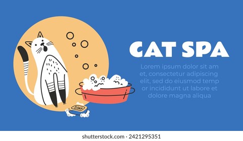 Cat pet bathing spa banner concept. Vector cartoon graphic design element illustration
