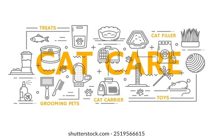 Iconos del cuidado del animal doméstico del gato, alimento animal de la línea del Vector, veterinario, tienda del animal doméstico y sistema del salón del aseo. Paquetes de alimentos para gatos y gatitos, patas, juguetes de pescado, tazón y portador, cama, bola y plumas, iconos de contorno de caña de pescar